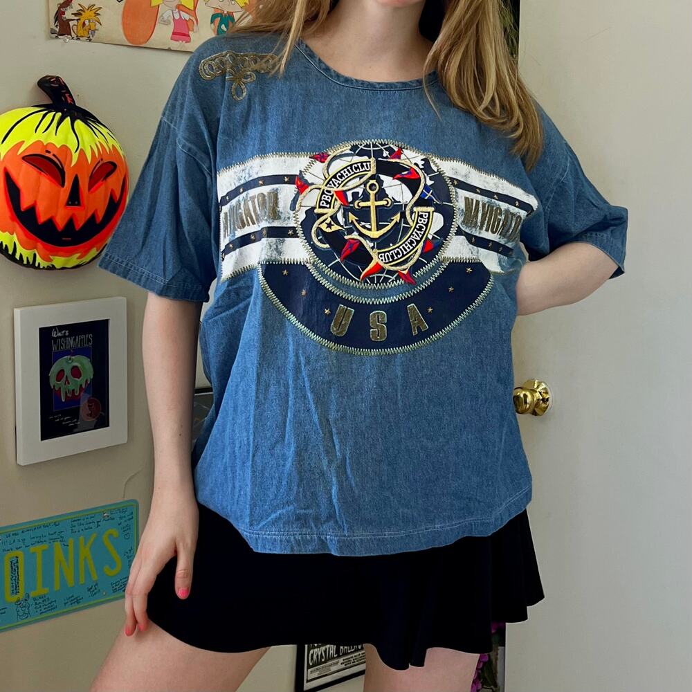 Vintage 1990s LA Fancy Denim Nautical Blouse Size XL PB Yacht Club